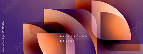 Abstract geometric shapes overlap, creating vibrant gradients. Purple background complements orange, red hues. Modern design element.