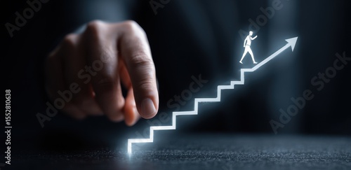 Hand guiding a figure up a glowing stairway