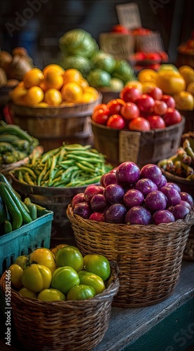 Wallpaper Mural Vibrant, overflowing baskets of fresh produce?lemons, tomatoes, plums, green beans, and more?displayed on a wooden counter, illuminated with warm, dramatic lighting Torontodigital.ca