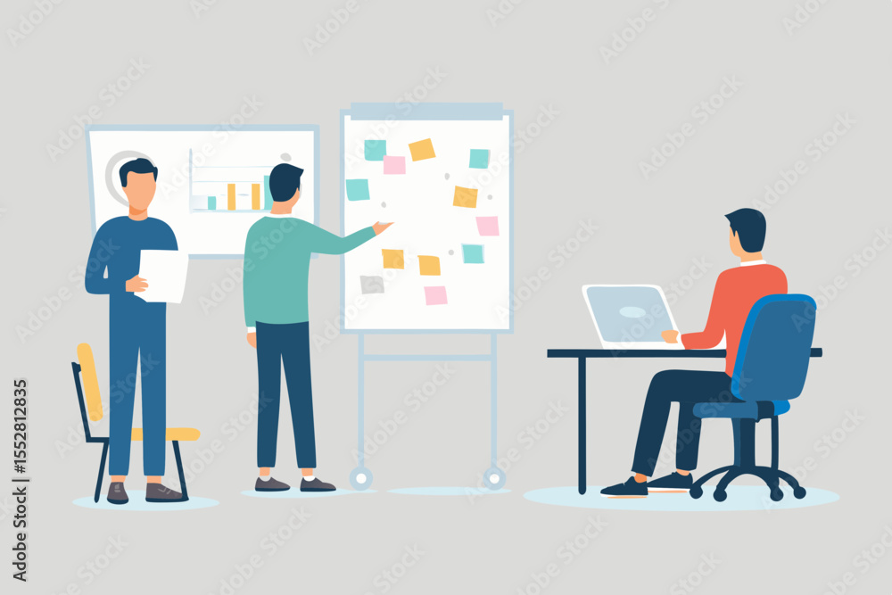 Business meeting with presentation and brainstorming session on whiteboard Business meeting with presentation and brainstorming session on whiteboard
