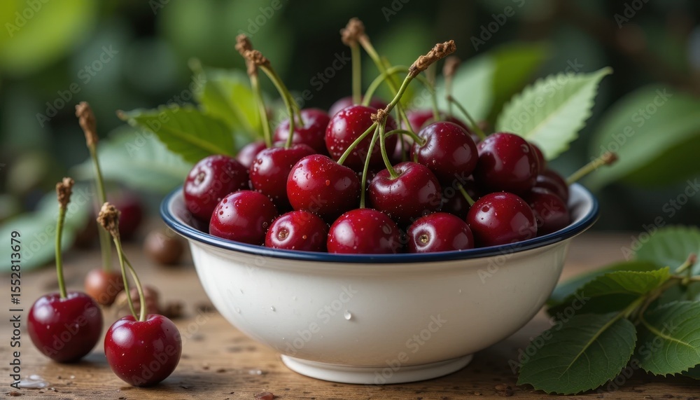 Fresh Red Cherries in a Rustic Bowl Surrounded by Green Leaves on a Wooden Table Fresh Red Cherries in a Rustic Bowl Surrounded by Green Leaves on a Wooden Table