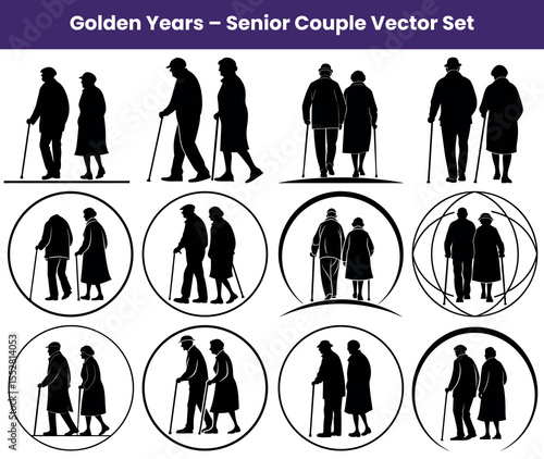 Collection of Silhouetted Senior Couple Illustrations with Walking Sticks and Varied Circular Borders