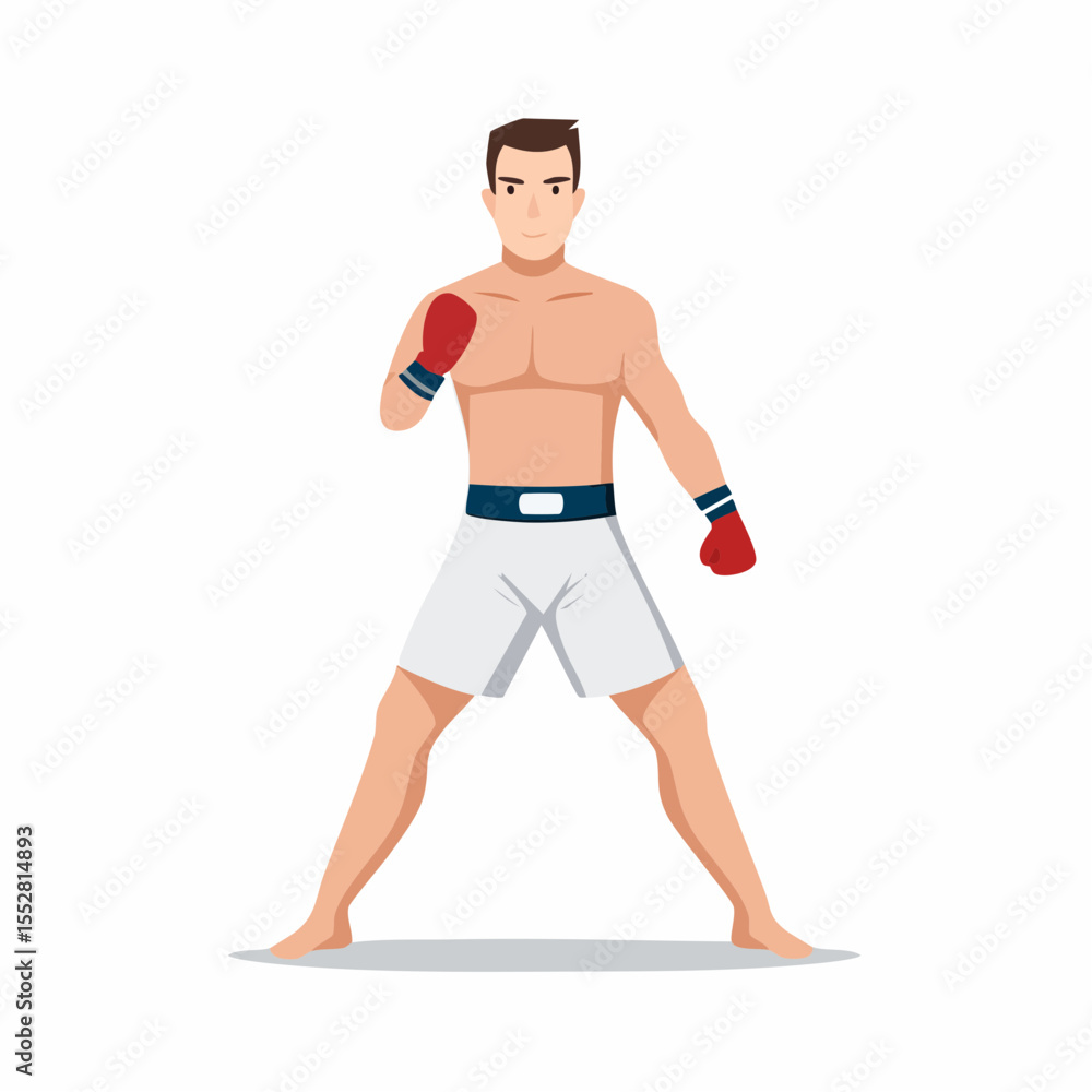 Fototapeta premium A muscular, bare-chested male boxer stands ready, wearing boxing gloves and shorts, in a fighting stance.