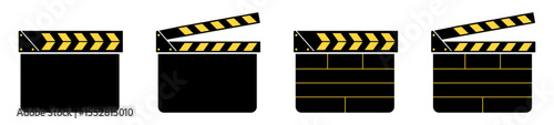 Collection of movie clapper board icons in different styles and positions. Ideal for film, cinema, video editing, media production, and director related graphic elements and UI. Icons, vector.