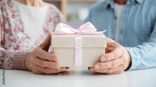 Close-up of elderly woman and man holding a small gift box with ribbon ideal for holiday greeting ads surprise gifts and love messages