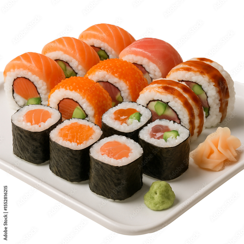 Colorful sushi platter with salmon, tuna, tobiko rolls and fresh garnishes Colorful sushi platter with salmon, tuna, tobiko rolls and fresh garnishes