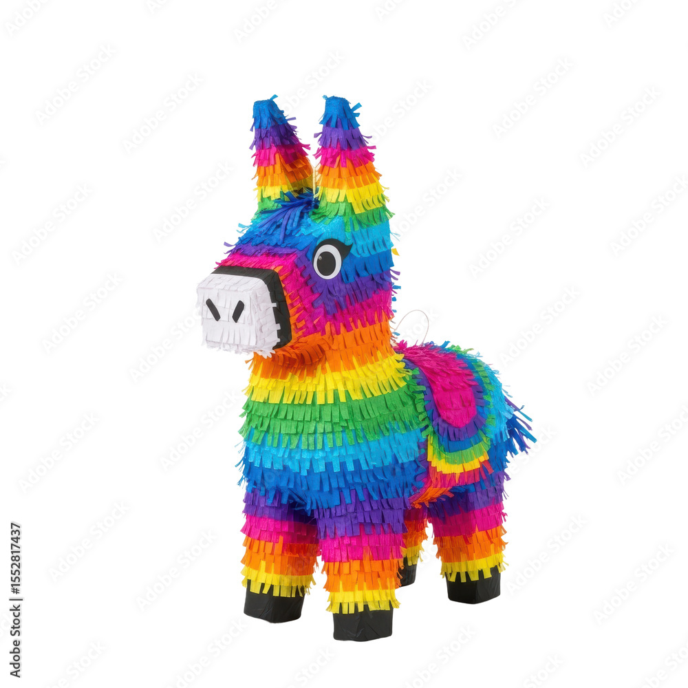 Obraz premium A brightly colored donkey piñata adorned with vibrant rainbow paper fringe. Perfect for birthdays, fiestas, and festive party games.