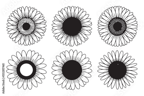 six hand-drawn sunflower designs in vector outline style for creative projects, printable coloring sheets and decorative motifs