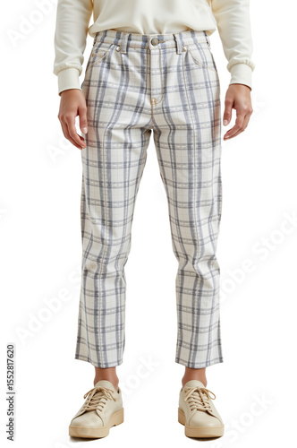 White plaid pants with grey checks in casual studio style