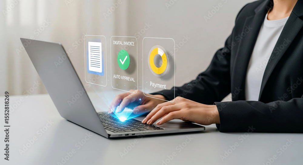 Fototapeta premium Minimalist Invoice Processing Holographic UI on Laptop