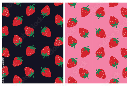 Set of Strawberry Seamless Vector Pattern on Pink and Dark Background. Trendy Strawberry Background.