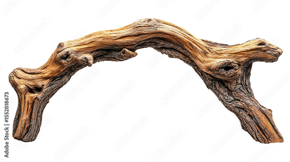 Fototapeta premium Dry curved rustic wooden branch isolated on transparent background. PNG