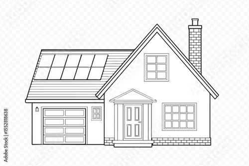Modern sustainable home line illustration with rooftop solar panels, energy-efficient house design vector