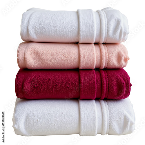 Stack of rolled fleece towels in white peach and maroon colors