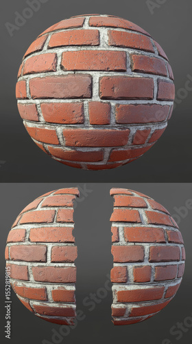Textured spheres showcase realistic red brick wall material.