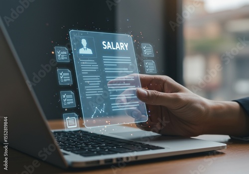 employee reviewing payroll data on computer with financial dashboard
