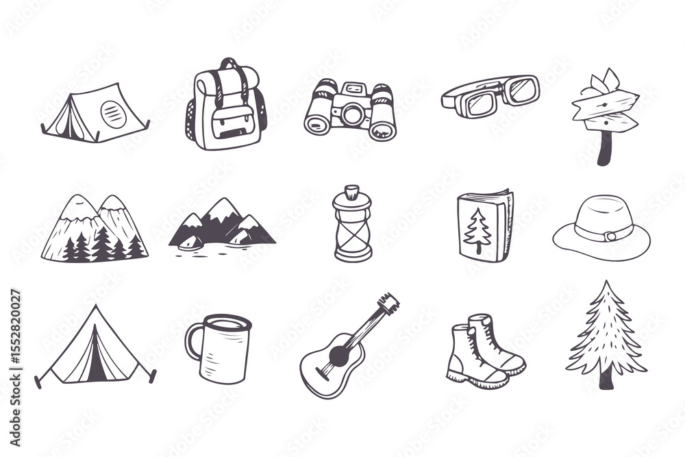 Fototapeta premium Hand Drawn Camping and Outdoor Adventure Icons. Doodle Style Set with Tent, Backpack, Camera, Campfire, Mountains, and Nature Elements Clipart Vector Illustration on White Background