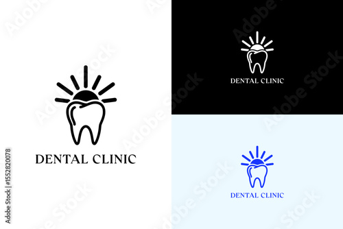 illustration of rising sun emerging from a molar tooth, vector logo for oral care, orthodontist, tooth implant, tooth health, root canal, teeth cleaning, dentist, dental clinic, and more