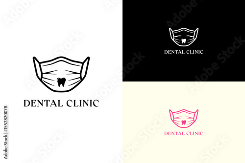 dentist's mask with a small tooth illustration, minimal, icon, vector logo for dental care, tooth implant, oral care, teeth cleaning, orthodontist, root canal, tooth health, dental clinic, and more