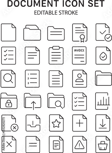 Document icon set. Files related line icons: papers, folder, certificate, accept, approved, clipboard, invoice, archive, report, search, list and more. Editable stroke. Vector illustration