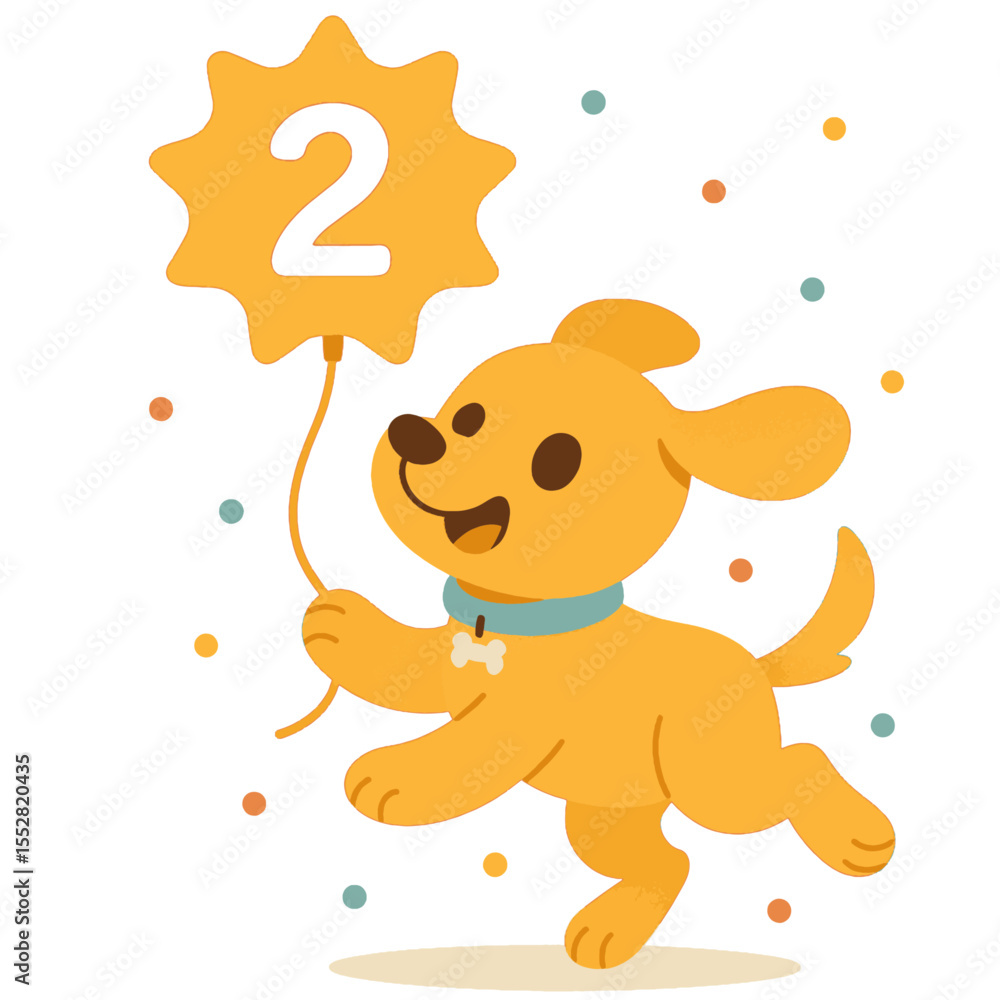 Obraz premium Cute Puppy Holding a Star Balloon with Number 2 – Birthday Illustration