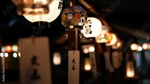 Beautiful Wind Chimes and Lanterns at a Summer Festival – Enchanting Evening Scene in Japan