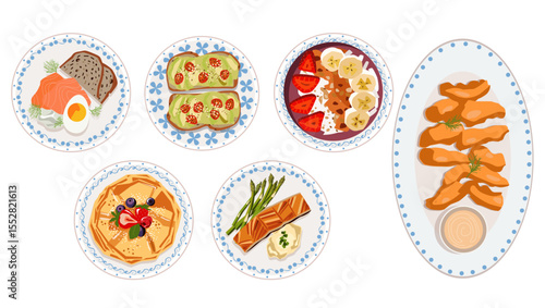 Delicious variety of breakfast and brunch dishes served on decorative plates with fresh ingredients and vibrant colors