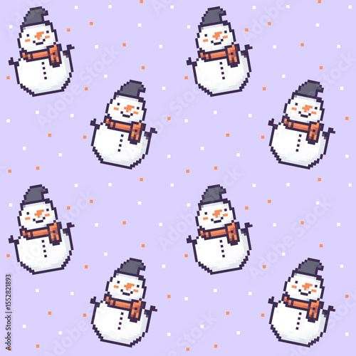 Colorful pixel art snowmen in a cheerful pattern on a pastel background for winter festivities