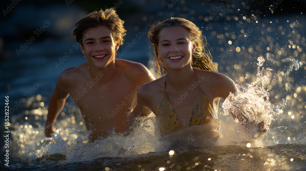 Obraz premium Couple Playing Together in Shallow Water Under Sunlight