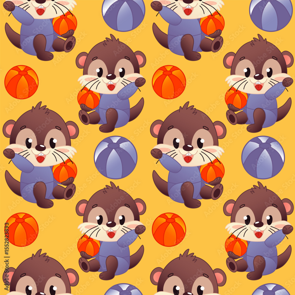 Obraz premium Seamless cute template featuring cartoon otters with orange beach balls. The otters are brown in color with purple costumes. The background is bright yellow color. Vector illustration