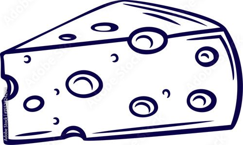 A Piece of cheese vector. Detailed line drawing of a cheese wedge with holes in black and white. Vector illustration