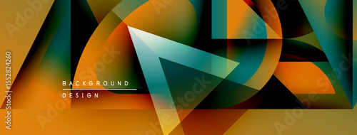 Abstract geometric shapes overlap, creating vibrant color gradients. Design features orange, teal, gold hues. Modern background element.