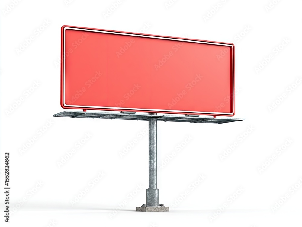 Fototapeta premium A blank, rectangular, red billboard on a metallic stand against a white background, angled slightly to the left