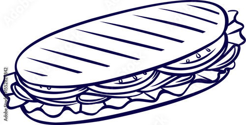 Vector illustration of panini or sandwich. Outlined Delicious Ham Sandwich with Cheese, Lettuce, and Tomato. Vector Hand Drawn Illustration Isolated On Transparent Background