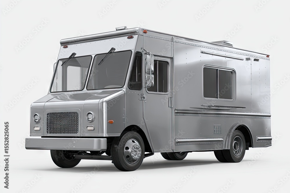Naklejka premium Sleek, silver food truck, angled view, showcasing a polished stainless steel exterior, small service window, and standard box truck chassis