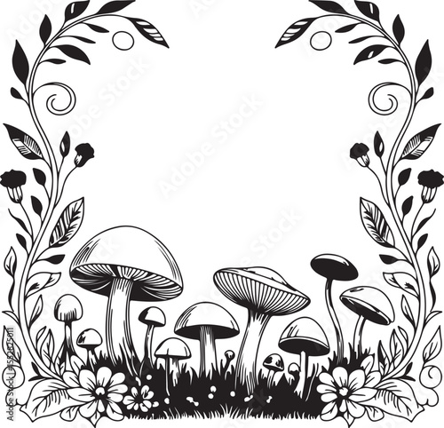 Monochrome Mushroom Landscape with Floral Frame