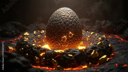 Glowing Dragon Egg Surrounded by Lava and Rocks