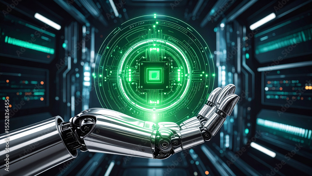 Fototapeta premium Close-Up of a Chrome Metallic Hand Holding a Glowing Digital Green Orb – Retro-Futurism Concept with Sci-Fi Aesthetic and Neon Energy