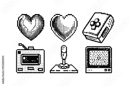 Retro Gaming Icon Pack in Stipple Ink Style. Black and White Vector Collection of Vintage Video Game Items. 8-bit Era Technical Illustration Set