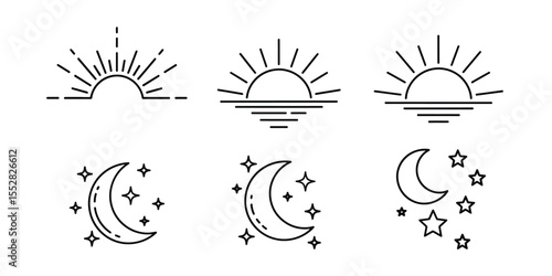 Time of the day signs. Rising and setting sun, crescent moon and stars, day and night time symbols. Vector illustration	