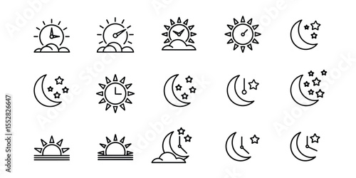 Time of the day signs. Rising and setting sun, crescent moon and stars, day and night time symbols. Vector illustration	