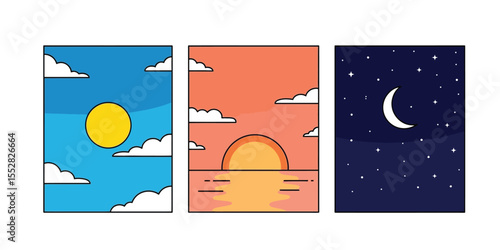 Time of the day signs. Rising and setting sun, crescent moon and stars, day and night time symbols. Vector illustration	