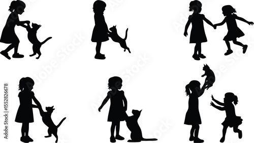 Children playing with cats in various playful poses and interactions