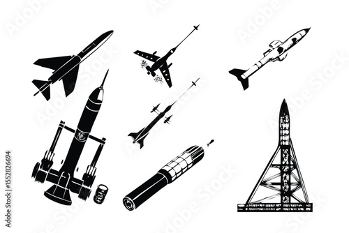 Early Rocket Warfare Icon Pack in Stipple Ink Style. Black and White Vector Collection of Vintage Missile Illustrations. Retro Military-Tech Manual Drawing Set