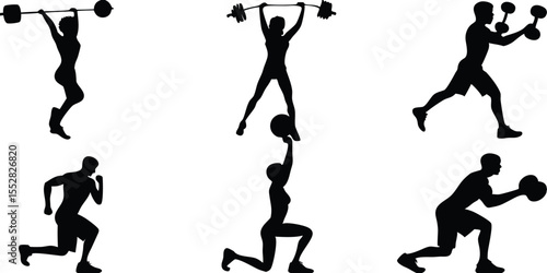 Diverse silhouettes of people performing various weightlifting and fitness exercises