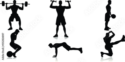 Collection of male silhouettes performing various weightlifting and bodyweight exercises