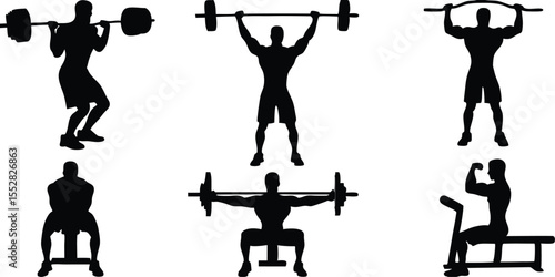 Collection of six black silhouette illustrations of men performing weightlifting exercises