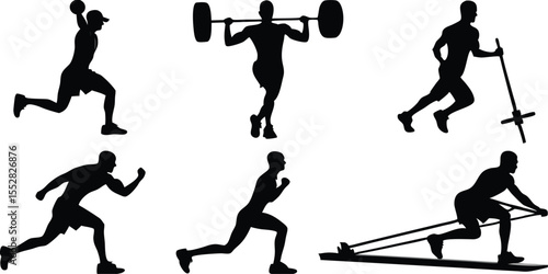 Silhouettes of men performing various athletic exercises and weightlifting movements