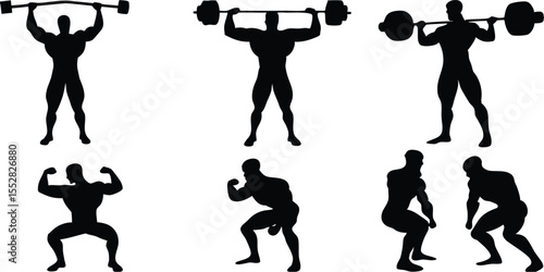 Collection of silhouettes of muscular men performing weightlifting exercises