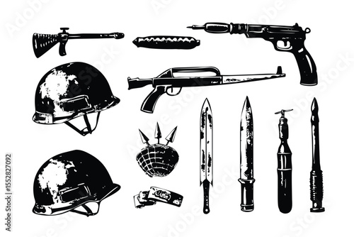World War II Weapons Icon Pack in Stipple Ink Style. Black and White Vector Collection of Vintage Military Arms. Historic Technical Drawing Set